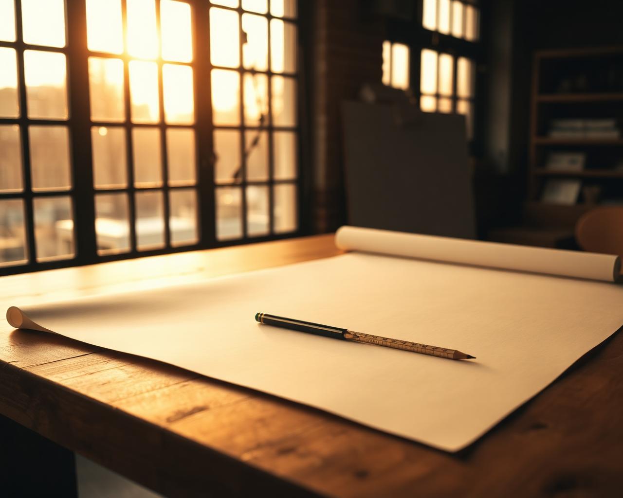 Drafting table with rolled paper and pencil in warm afternoon light